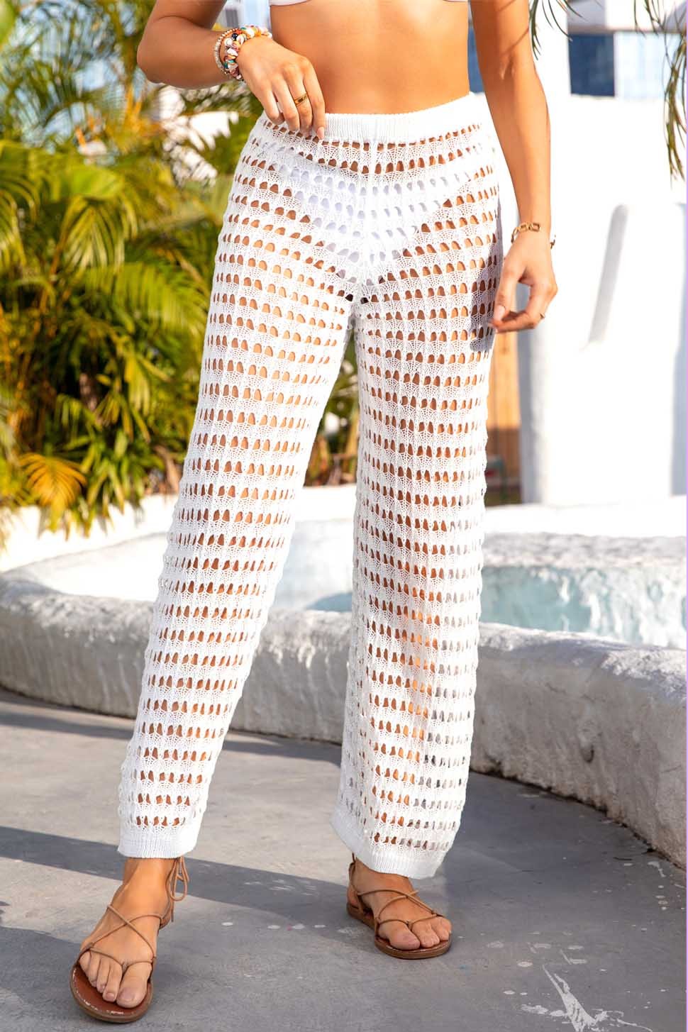 HOLLOW OUT HIGH WAIST MESH BEACH COVER UP PANT - X9C0009