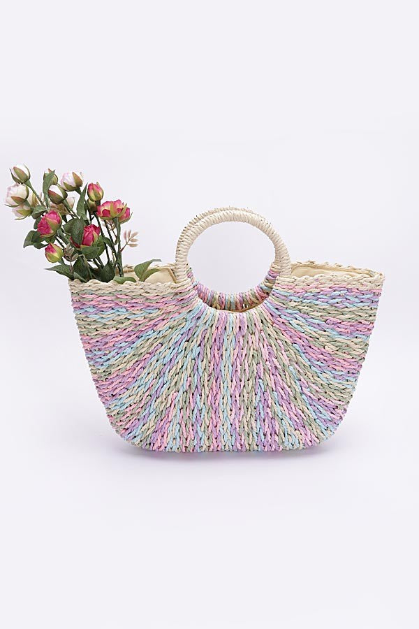 FAUX STRAW MULTICOLOR ROUND HANDLE TOTE BAG - HPP1156