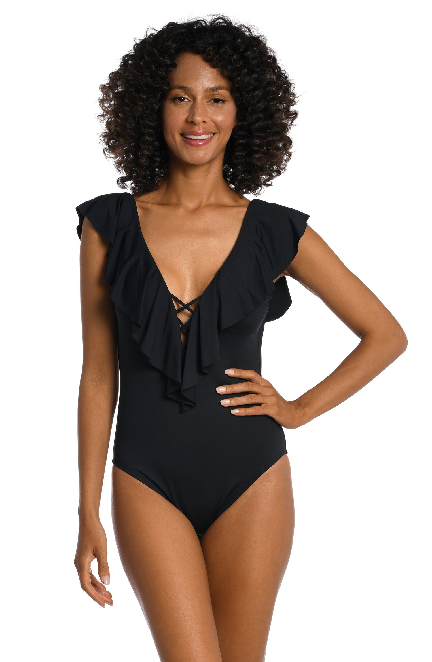 Island Goddess Ruffle Plunge One Piece - LB3ZZ17