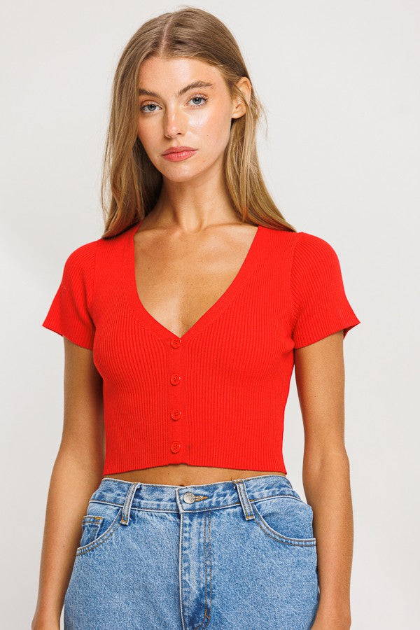 BUTTON DOWN SHORT SLEEVE CROPPED SWEATER - TGI3545